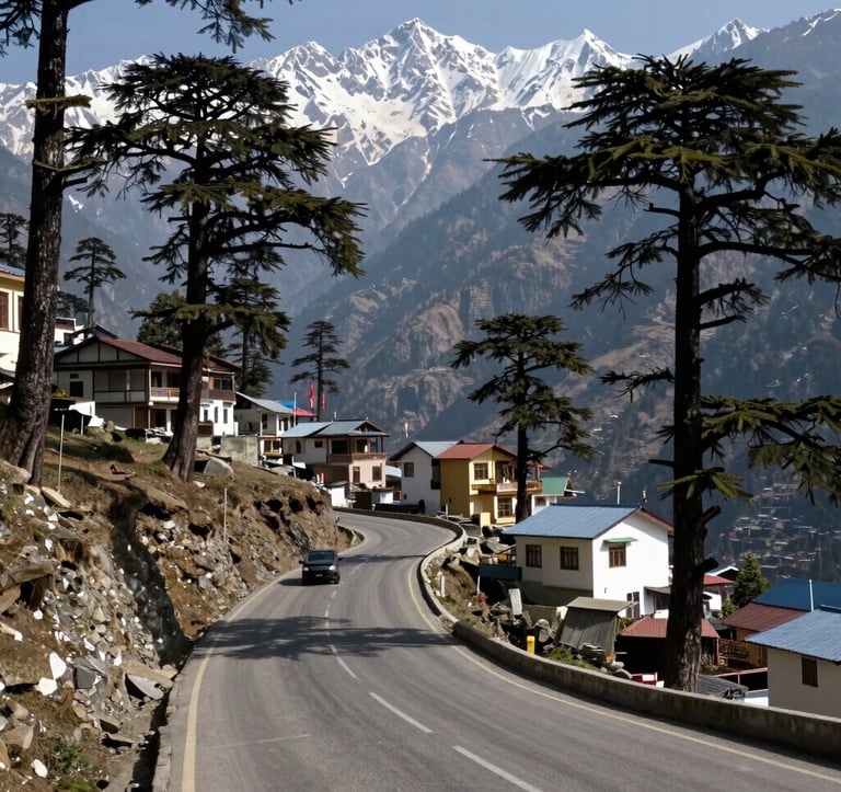 A wide photography shot of a winding mountain road in Uttarakhand, lined with ancient deodar trees and modern villas. In the distance, snow-capped peaks are visible. South Asian / Indian hill station atmosphere, midday lighting.