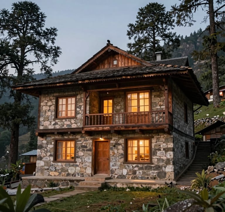 A medium shot of a traditional but modern South Asian / Indian hill station cottage built with local stone and wood. The structure is nestled among deodar trees, with warm inviting light spilling from the windows as evening falls. The style is premium and serene.