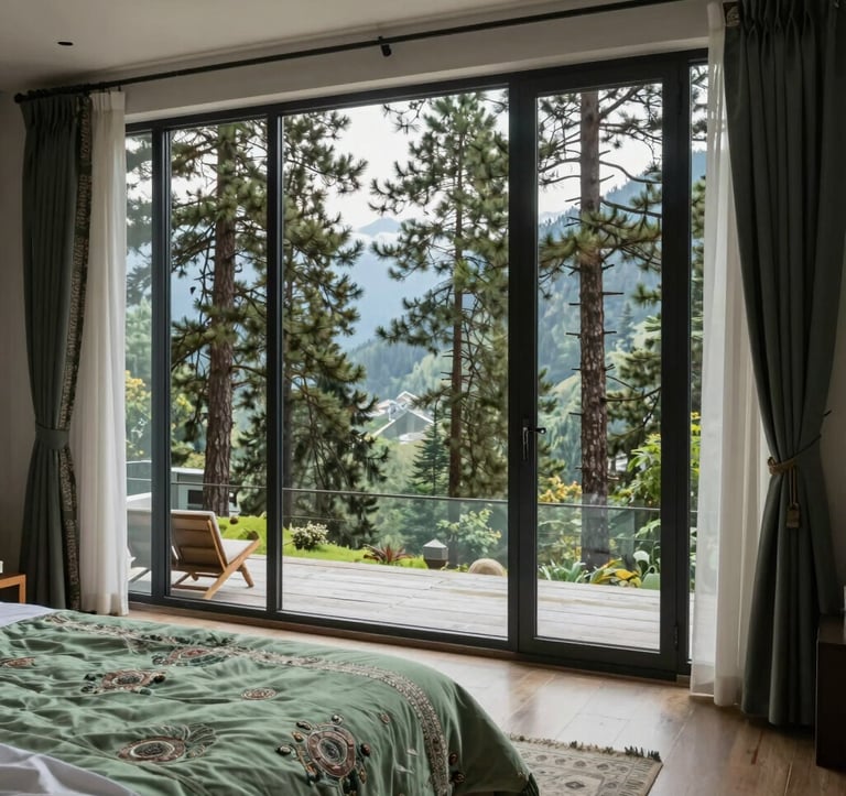 A high-end interior of a mountain villa in Uttarakhand with large floor-to-ceiling glass windows framing a breathtaking view of the pine forests. The decor is modern and professional, with South Asian / Indian textile accents in sage green and deep charcoal colors.