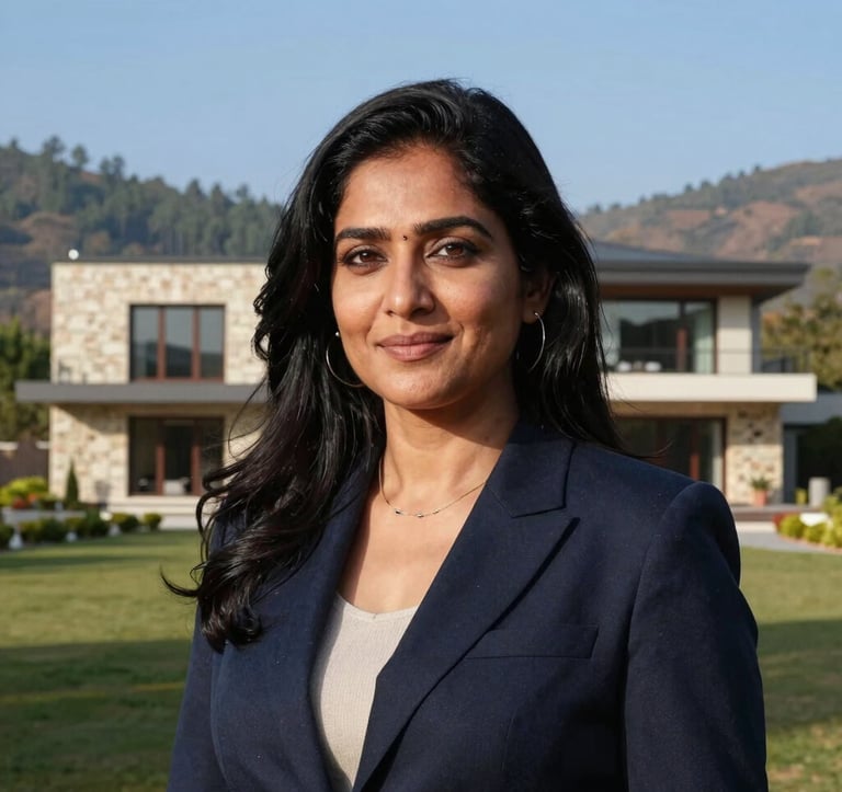 A professional South Asian Indian woman with a warm, confident expression, standing outdoors with a backdrop of a beautifully constructed modern stone villa and distant pine-covered hills under a clear blue sky.