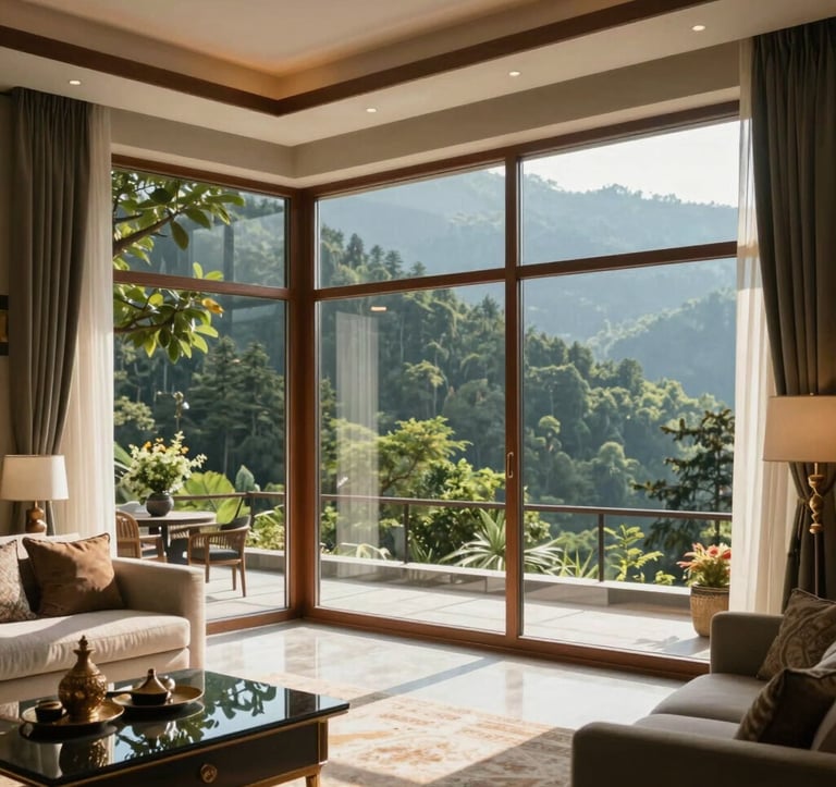 A luxury interior of a modern mountain villa in Uttarakhand, featuring large floor-to-ceiling windows that look out onto a lush forest, elegant South Asian decor accents, and warm, natural sunlight filtering in.