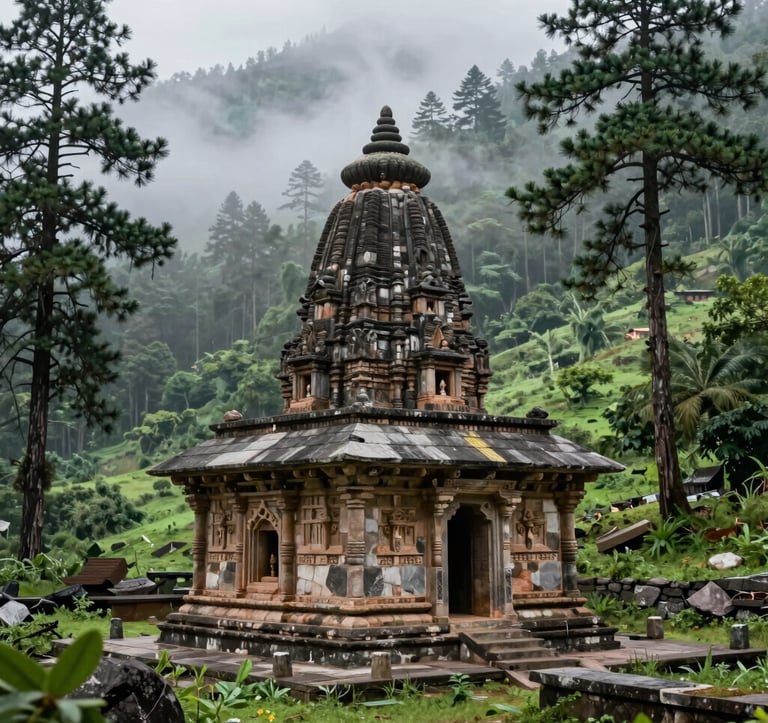 Photography of an ancient stone temple structure nestled in a lush, green valley in Uttarakhand. The atmosphere is mystical with morning fog swirling around the South Asian / Indian architectural details. Pine forests flank the site, emphasizing a connection to heritage.
