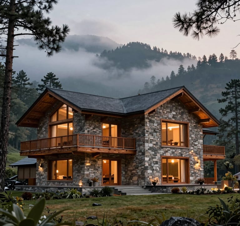An elegant, stone-clad modern luxury villa in Uttarakhand with wide wooden balconies, set against a backdrop of mist-covered pine trees and rolling South Asian hills, photographed in the soft light of dusk.