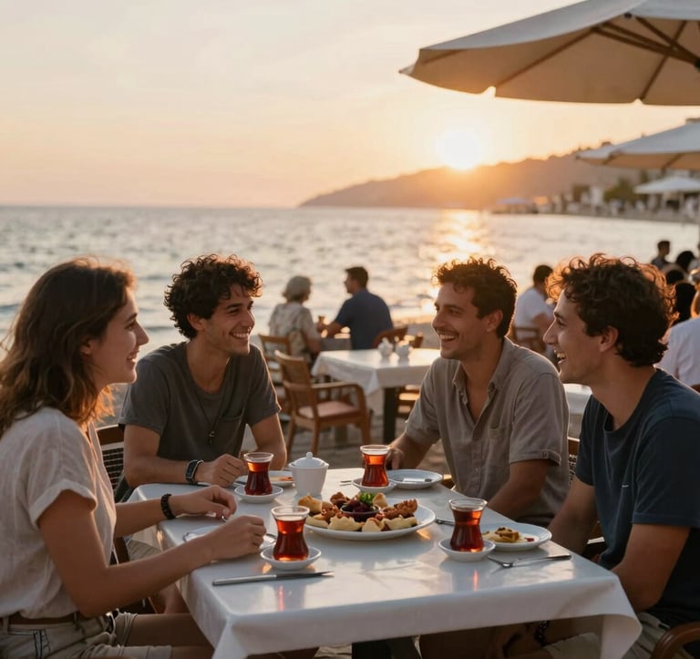 A cozy gathering of friends laughing at an outdoor beach cafe in Gazipasa during sunset, table filled with Turkish tea and appetizers, Turkish Riviera / European expat and tourist community style, warm golden hour lighting, candid photography.