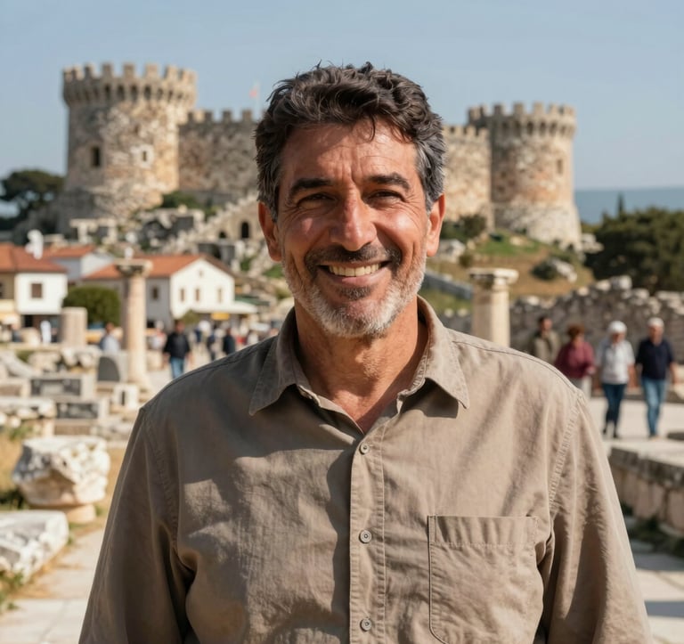 Professional outdoor portrait of a friendly local guide smiling warmly, with the sunny ruins of Gazipasa Selinus Castle in the soft-focus background, bright daylight, Turkish Riviera / European expat and tourist community style, warm tones.