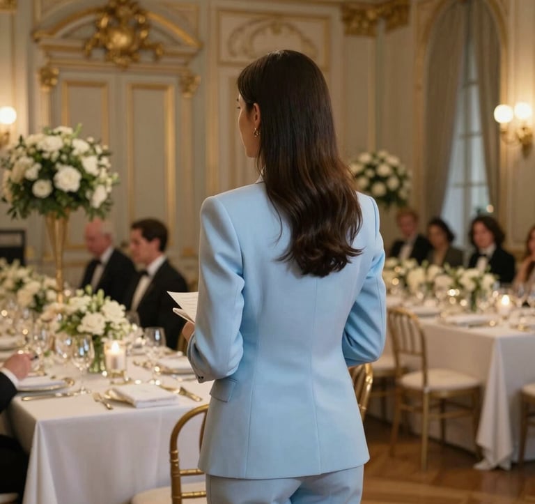 Photography of a professional event coordinator in a chic, light blue tailored suit, overlooking a beautifully arranged gala dinner hall in a historic Parisian mansion. The lighting is warm and welcoming. European / French style.
