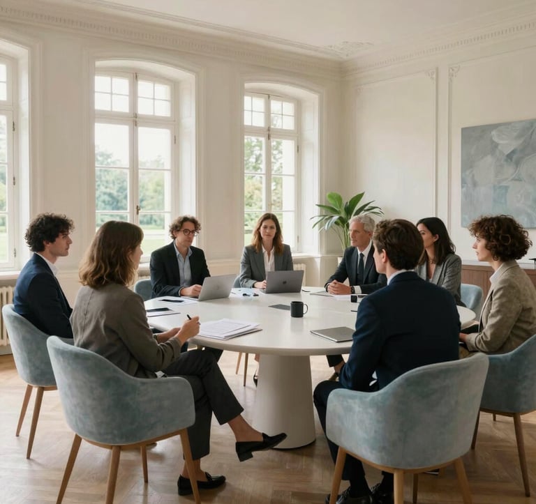 A group of professionals in smart-casual attire engaged in a creative brainstorming session inside a modern, airy room of a French chateau, soft natural lighting, elegant off-white and soft blue tones, European / French style.