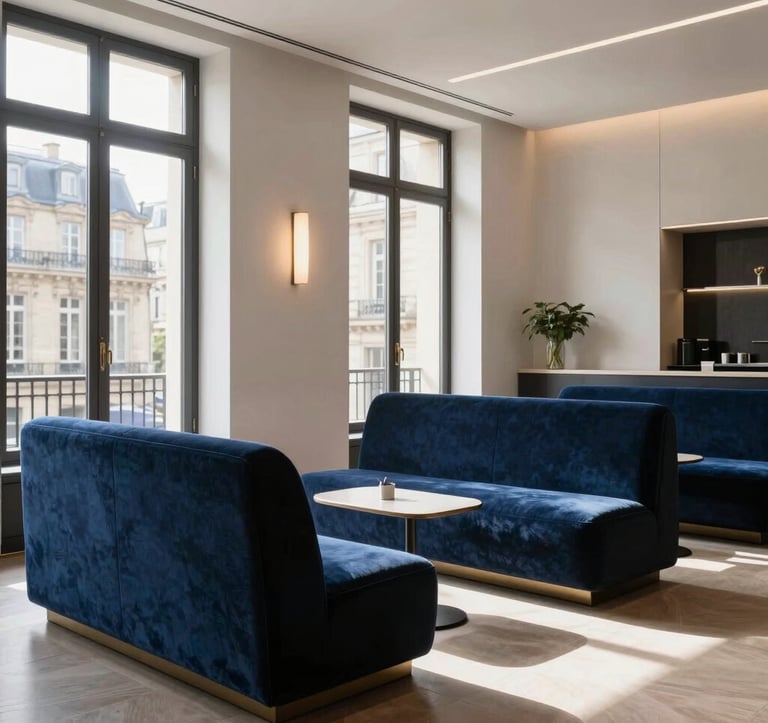 An interior shot of a sophisticated corporate lounge with dark blue velvet seating and minimalist lighting. The setting is clean, modern, and exudes Parisian elegance. Daylight streams in from high-quality European windows.