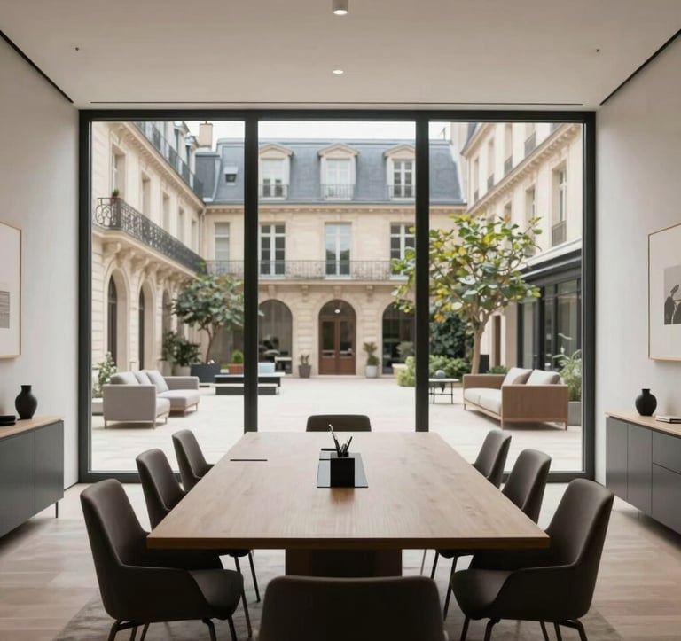 A professional interior shot of a minimalist, modern conference room with floor-to-ceiling windows overlooking a chic European courtyard. The furniture is high-end and the atmosphere is one of focused, Parisian professionalism.