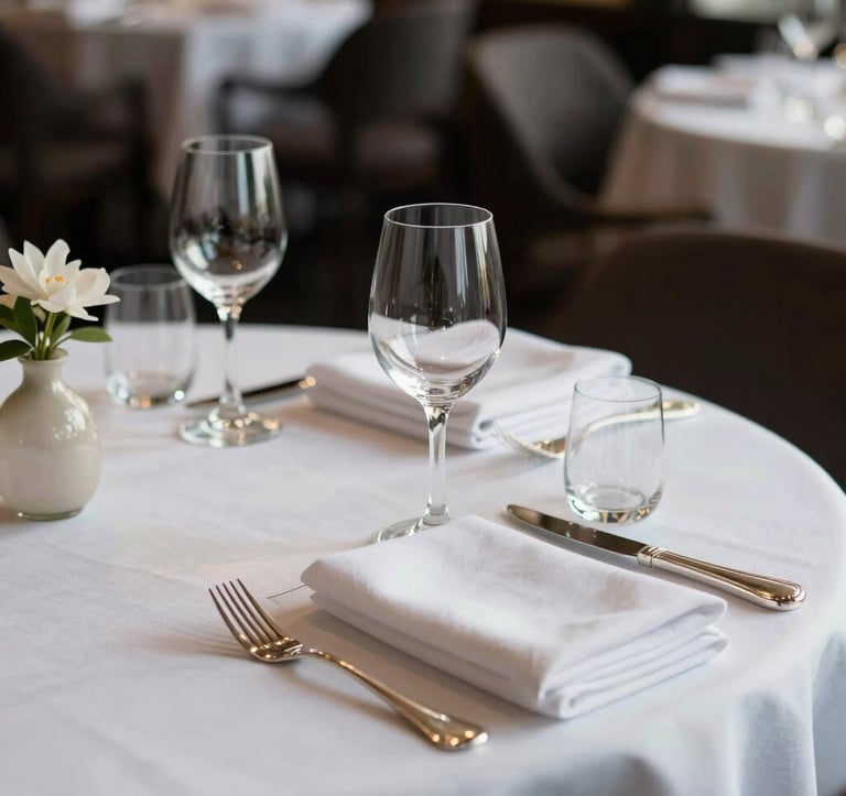 A sophisticated culinary table setting with crystal glassware, silver cutlery, and white linen napkins in a high-end French restaurant. The soft morning light highlights the premium quality of the gastronomic experience.
