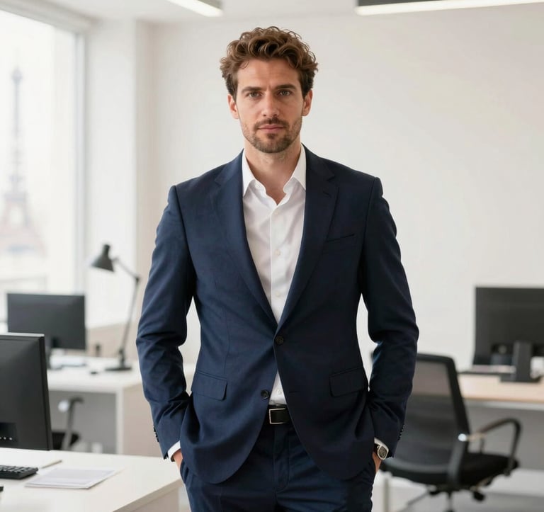 Portrait of a confident, elegantly dressed event director in a modern, light-filled office in Paris. The aesthetic is clean, professional, and sophisticated, using a palette of dark blue and off-white. European / French.