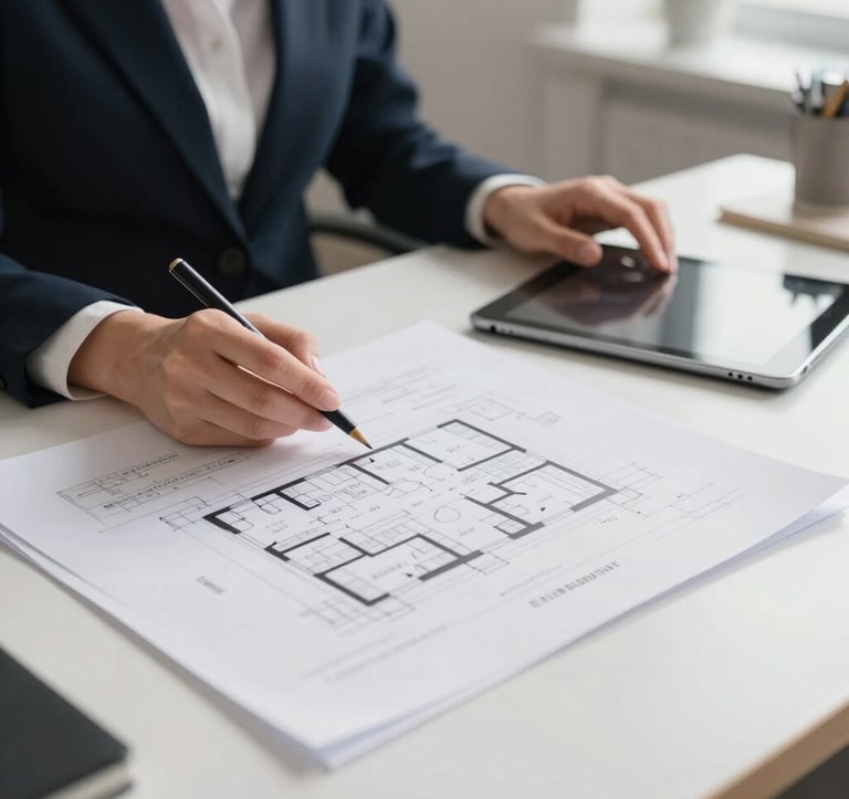 A focused medium shot of an event planner's desk in a bright office. Detailed architectural plans and a sleek tablet are visible. Soft morning light, professional European setting, emphasizing efficiency and bespoke organization.