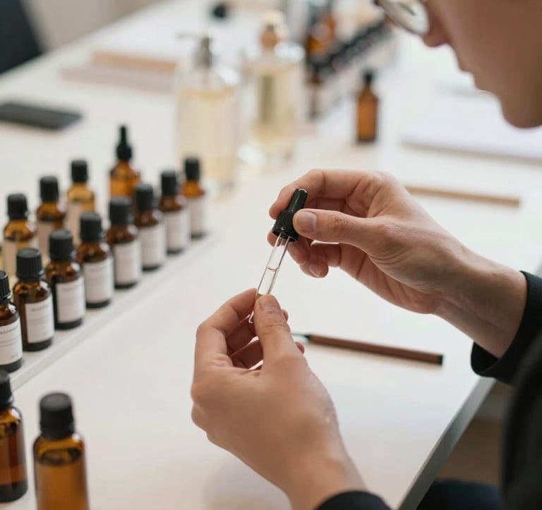 Close-up of hands working with glass vials and essential oils during a luxury perfume workshop in a bright Parisian atelier, minimalist and sophisticated aesthetic, European / French context.