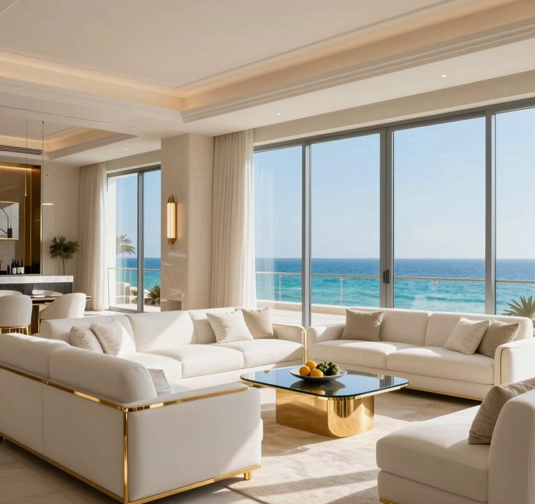 An interior view of a luxury penthouse in Netanya with floor-to-ceiling windows overlooking the turquoise sea. The interior features white sofas, gold metal details, and cream walls. Middle Eastern / Israeli coastal design with high-end finishes.