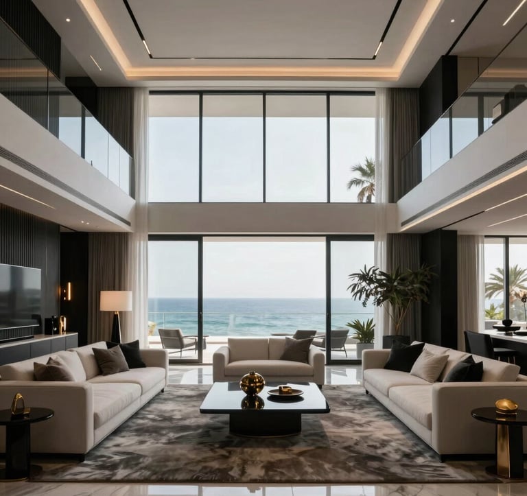 A sophisticated interior of a luxury living room in a modern Middle Eastern penthouse in Netanya. High ceilings and floor-to-ceiling windows showing a coastal sea view. The design palette is black, gold, and white. Minimalist design, professional architectural lighting, cinematic composition.