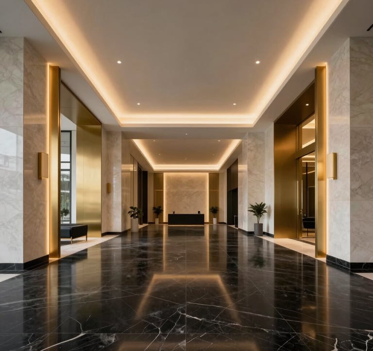 A high-end minimalist lobby of a premium residential building in Netanya, featuring black marble floors, gold architectural accents, and soft warm lighting. Middle Eastern / Israeli contemporary luxury style, clean lines, and prestigious atmosphere.