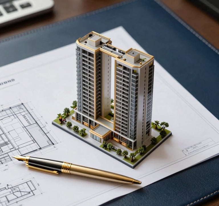 Close-up of a high-end property model and architectural blueprints on a dark navy leather desk. A gold fountain pen rests on the papers. Refined lighting suggesting a Middle Eastern / Israeli executive office.