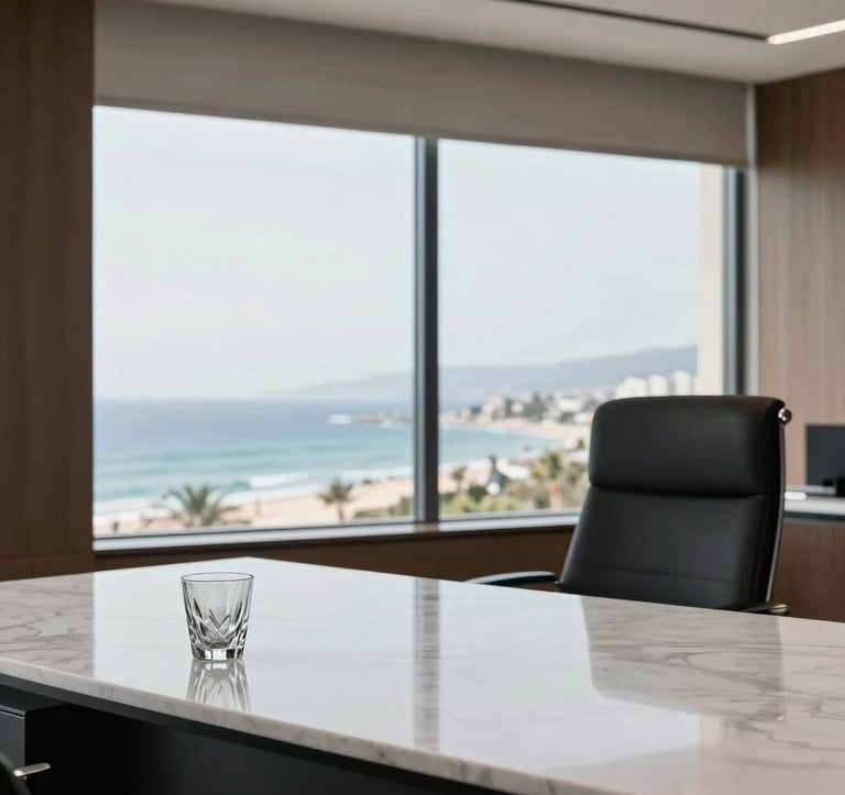 Interior of a private wealth advisory office in Netanya. A minimalist white marble desk, a single designer glass, and a panoramic view of the coastline through the window. Professional and exclusive atmosphere.