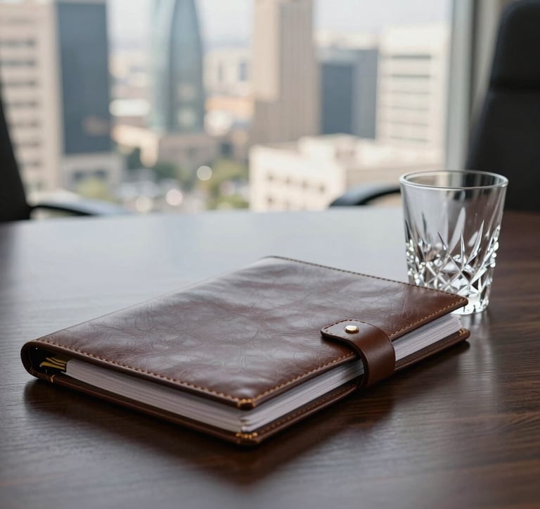 A close-up professional photograph of an advisory setting: a leather-bound folder on a dark wood table next to a crystal glass, with a blurred view of a modern Middle Eastern / Israeli cityscape in the background. Minimalist and elite.