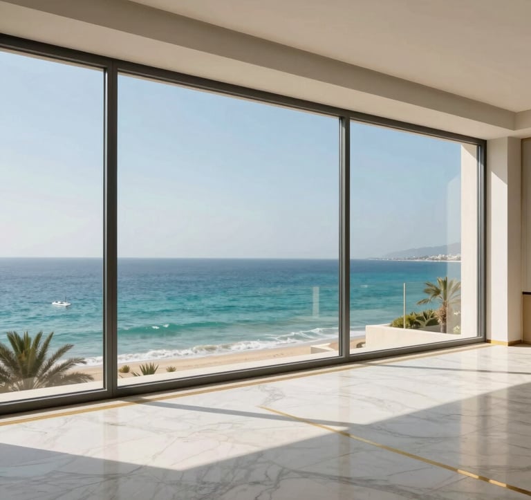 Interior view of a minimalist luxury penthouse in Netanya. Floor-to-ceiling windows reveal a panoramic view of the turquoise Mediterranean sea. The interior features white marble floors and gold accents. Soft afternoon sunlight, Middle Eastern / Israeli coastal atmosphere.