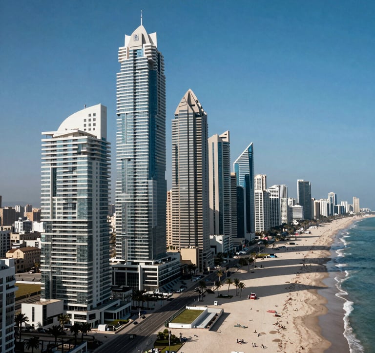 A professional photograph of the Netanya coastline from a high altitude, showing modern skyscrapers and the white sand beaches of the Israeli Riviera under a clear blue sky. High-contrast, luxurious atmosphere.