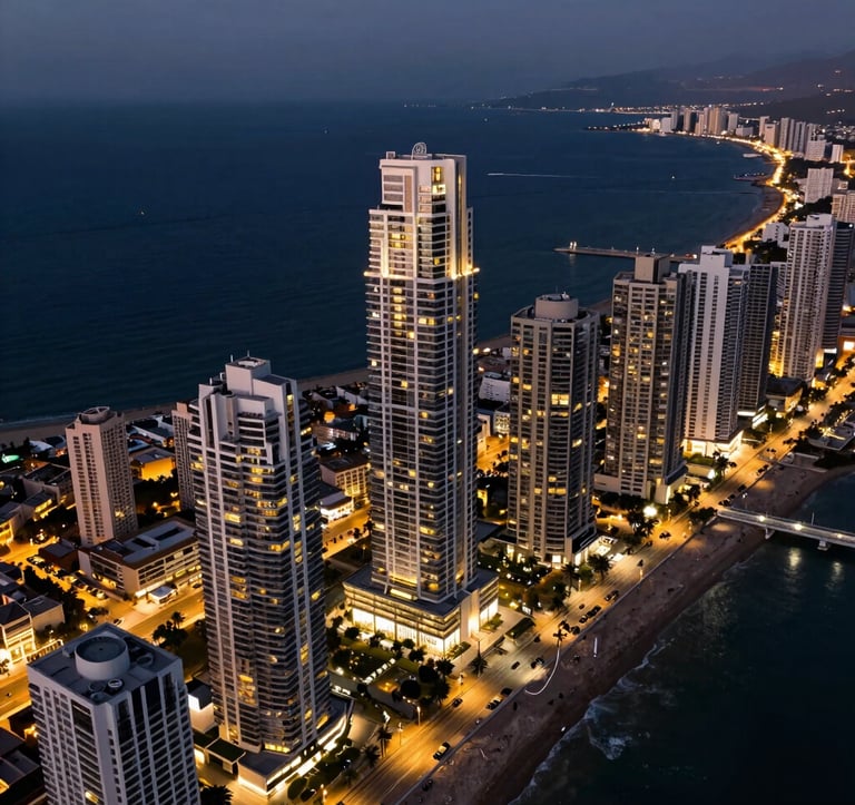 An aerial dusk photograph of the Netanya coastline, Israel, featuring modern luxury residential towers. City lights reflect in the dark navy Mediterranean Sea. High-end real estate photography style with sharp focus and deep navy, gold, and white lighting.