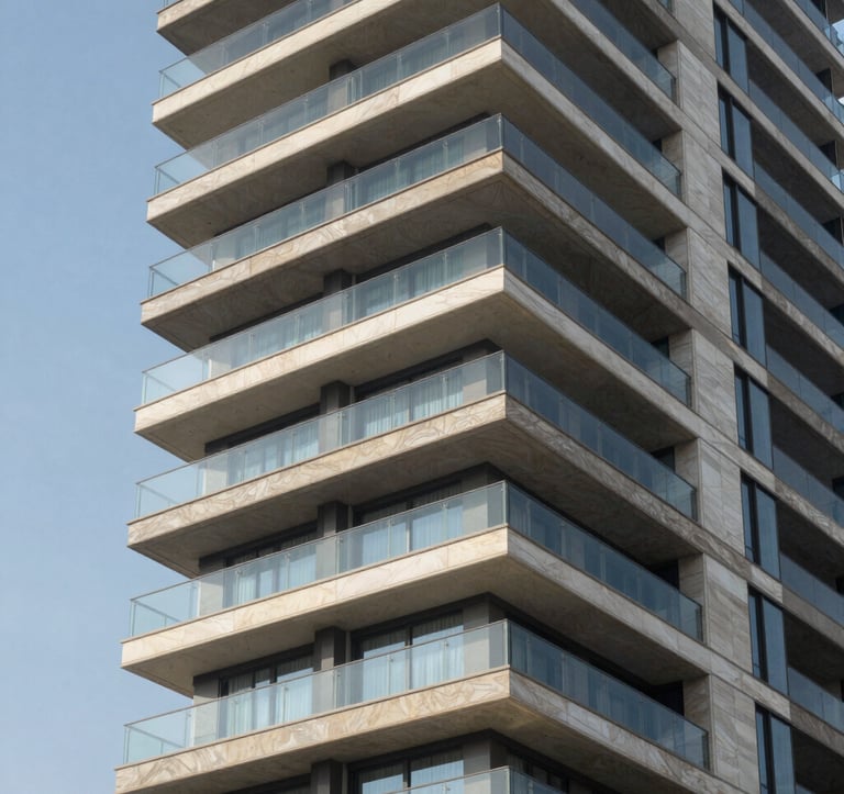 Modern architectural detail of a high-end residential tower in Netanya. Sharp geometric lines, glass balconies reflecting the blue Israeli sky, and premium limestone finishes. Sophisticated and minimalist composition.