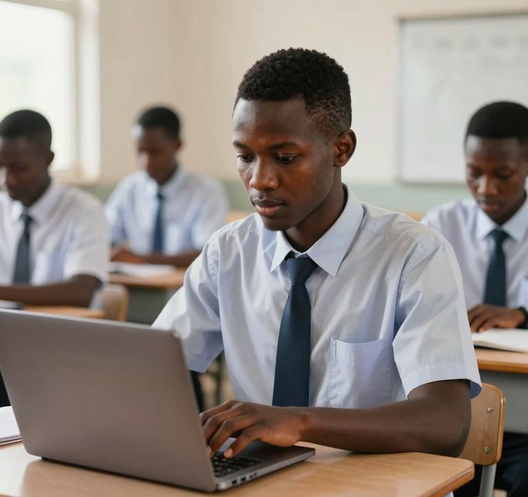 A high-quality photograph of a West African student in a modern classroom, focused on a laptop. The setting is bright and professional, emphasizing digital literacy and future-ready skills. The student is wearing a crisp, well-tailored school uniform.