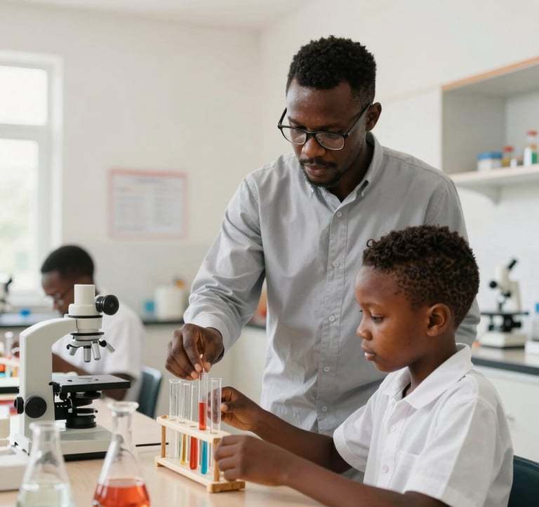 Clean, bright photography of a West African / Nigerian teacher assisting a student with a science experiment in a modern laboratory. The scene is structured and calm, emphasizing academic performance and excellence. Colors include off-white walls and light sand accents.