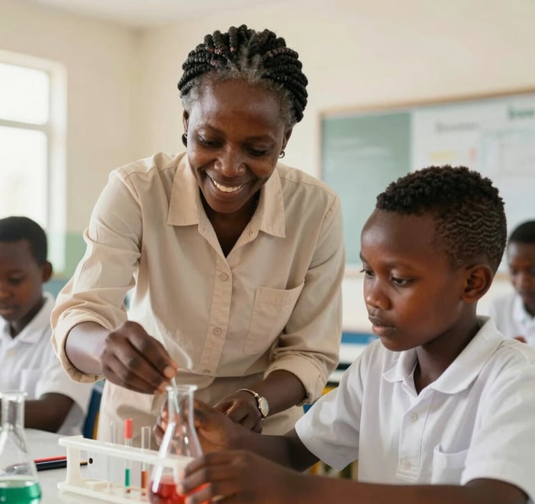 A close-up of a West African teacher smiling as they help a secondary student with a science experiment in a clean, modern laboratory. The lighting is bright and professional, highlighting the ivory and tan tones of the school interior.