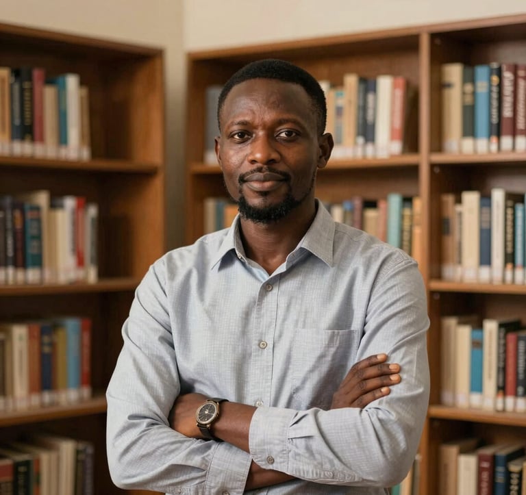 A professional portrait of an educator in a modern West African school library. The background features organized bookshelves and wooden textures. The lighting is warm and reassuring, conveying professionalism.