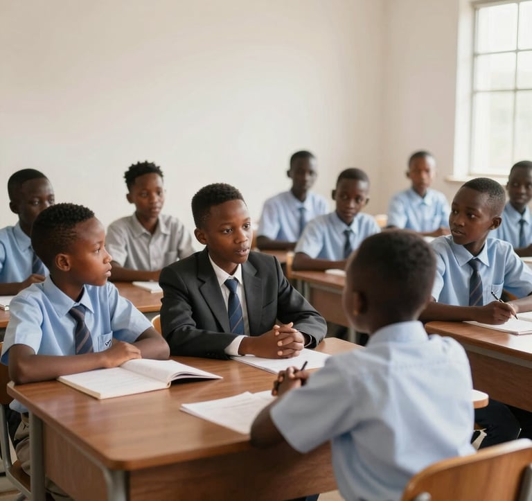 A group of West African / Nigerian primary school students engaged in a lively classroom discussion. They are wearing professional uniforms in a bright, modern classroom with mid-tone brown furniture. The lighting is soft and natural, emphasizing a calm and focused learning atmosphere.