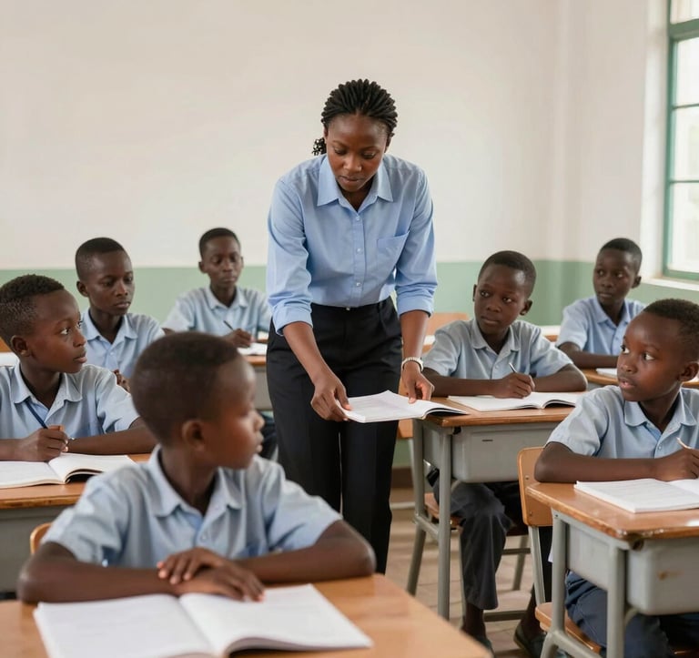 A bright, orderly classroom setting in Nigeria where a focused teacher is mentoring a small group of primary students. The environment is calm, supportive, and academically rigorous.