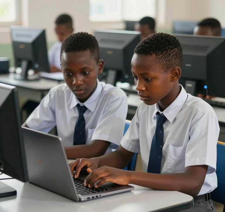A medium shot of two West African secondary students in clean school uniforms working together with a modern laptop in a brightly lit, organized computer lab. The lighting is natural and the style is professional and focused.