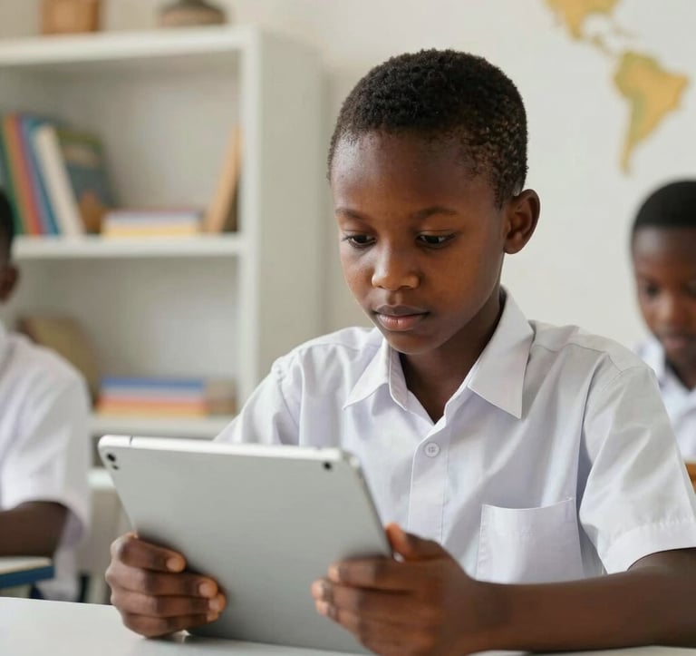 Close-up photography of a West African / Nigerian student in a neat school uniform, focused on a modern tablet screen in a bright, organized classroom. The background shows soft-focus shelves with educational resources, using a palette of off-white and muted gold for a clean, academic atmosphere.
