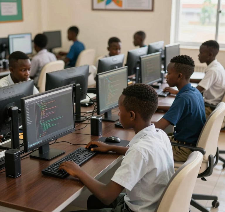 A modern computer lab in a Nigerian school where students are focused on their screens, learning to code. The room is well-lit with professional desks in dark brown and chairs in off-white. The atmosphere is one of calm concentration.