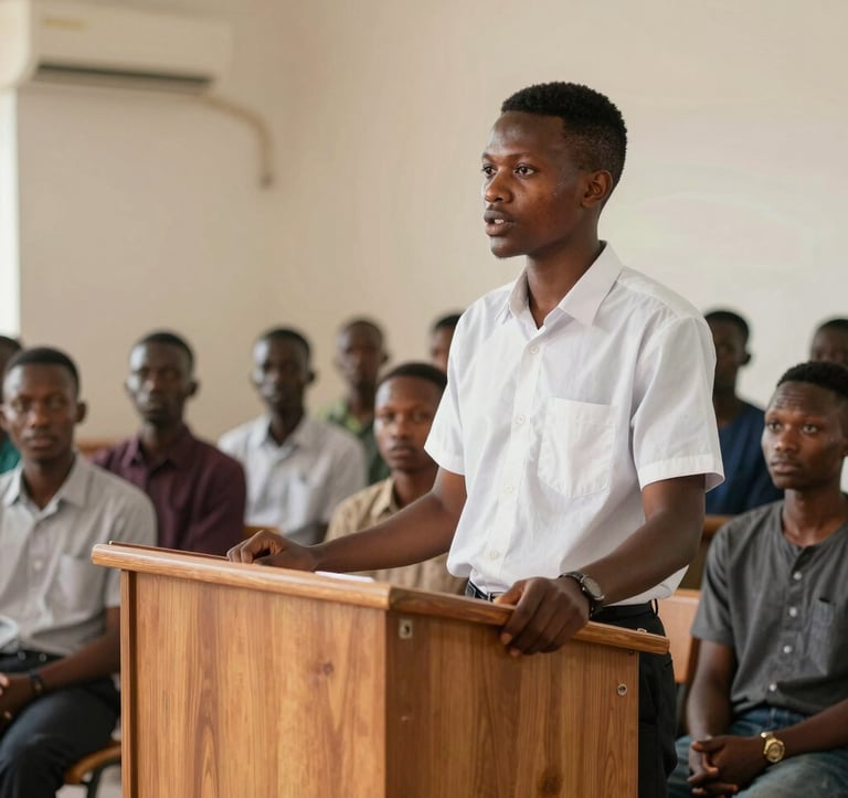 A West African student standing confidently at a wooden podium in a well-lit hall, speaking to a group of peers. The atmosphere is one of calm professionalism and structured leadership development.