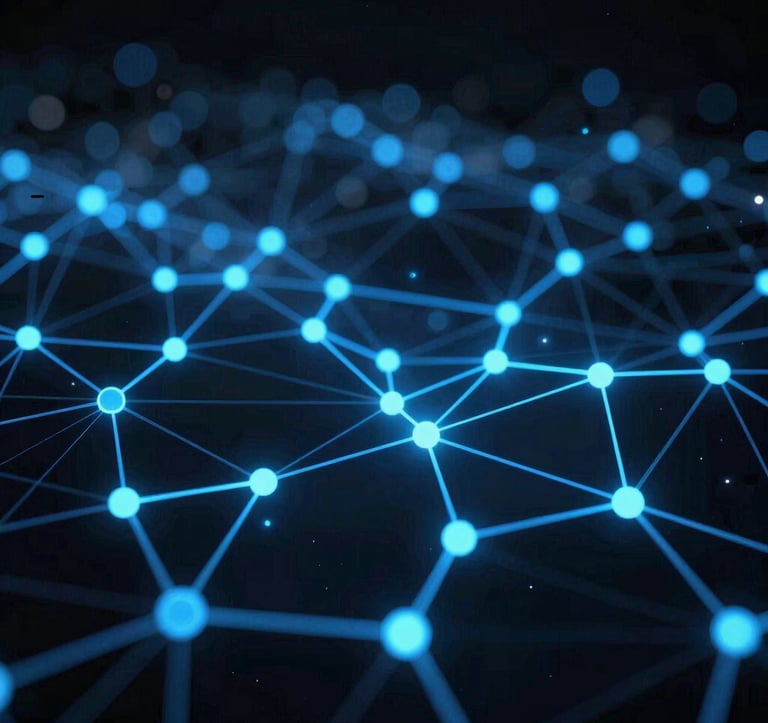 A vast network of glowing electric blue neural network nodes and connections against a deep charcoal black background. Sharp focus with digital bokeh in the distance, portraying complex data architecture in a high-tech style.