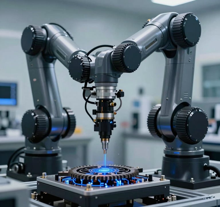 A close-up photograph of a precision robot arm working in a modern European / British laboratory. The scene is dominated by deep charcoal tones with electric blue glowing circuits visible beneath the industrial casing. The lighting is cinematic, highlighting the mechanical gears and technical complexity.