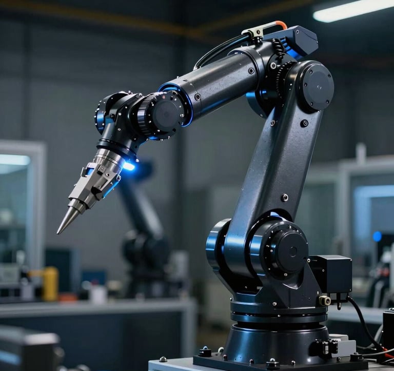 A close-up of a high-tech industrial robot arm in a dark factory setting, illuminated by sharp electric blue lights. The metal surfaces are deep charcoal black with precise mechanical detailing.