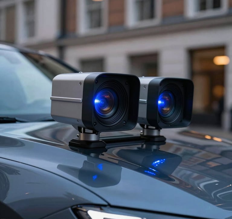 A macro photograph of autonomous car sensors and LiDAR modules mounted on a sleek vehicle in a European / British urban setting at dusk. The sensors reflect electric blue light against the deep charcoal car body. The style is industrial, clean, and technically authoritative.