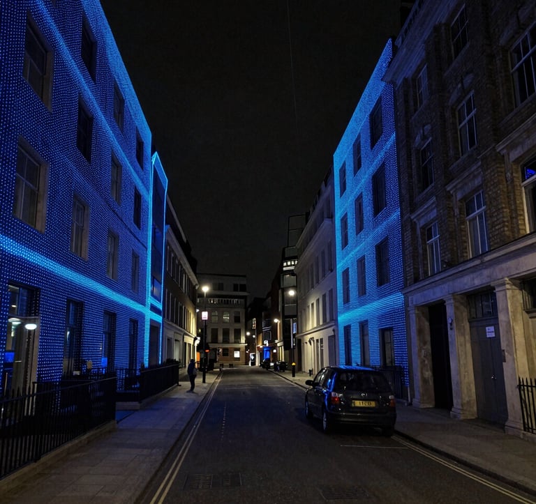 A high-resolution LiDAR laser scanning point cloud of a modern London street at night. The image consists of millions of vibrant electric blue data points forming the 3D outlines of buildings and a stationary vehicle against a deep charcoal void. Tech-forward, cybernetic aesthetic.
