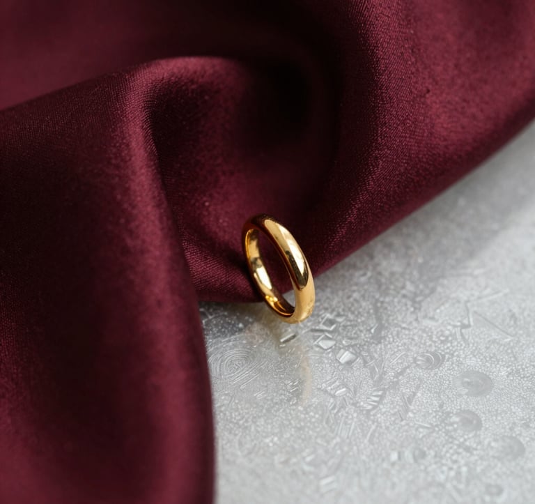 Macro photography showing the texture of deep burgundy silk and a gold jewelry piece resting near a frosted glass surface. The lighting is warm and exclusive, evoking the feeling of a private gallery in Paris. High-end lifestyle photography.