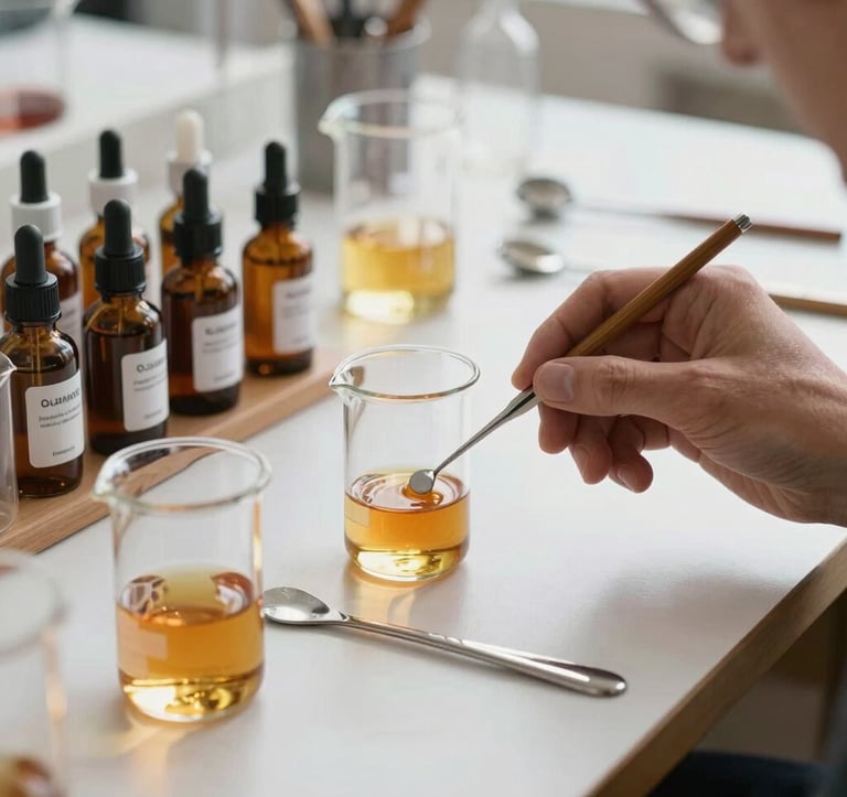 A master perfumer's workstation in a bright French atelier, featuring vintage glass beakers filled with amber-colored oils and silver tools. Clean, professional, and high-end photography.