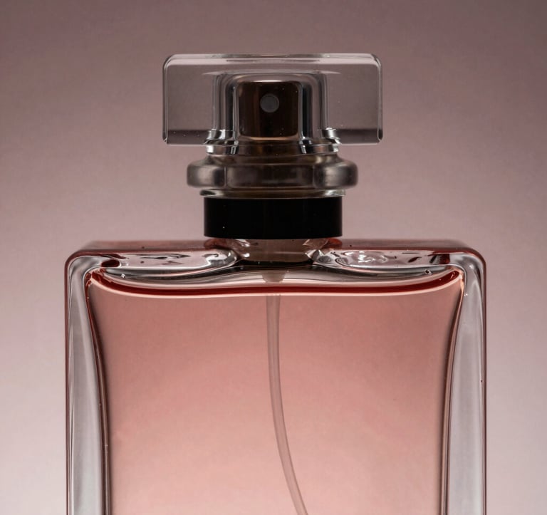 A minimalist, stylized macro shot of a perfume bottle's glass cap. Refractions of light create elegant patterns in dusty rose and dark burgundy. Professional studio lighting, sharp focus on the texture of the glass, ultra-luxurious feel.