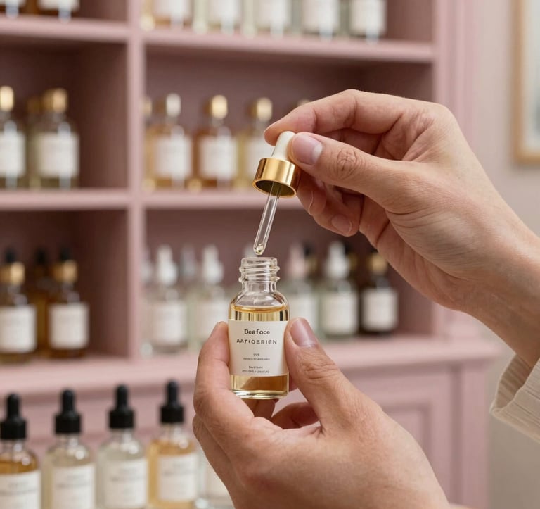 Close-up photography of a perfumer's hands delicately measuring a golden essence into a crystal vial. The setting is a classic French apothecary with antique wooden shelves and soft lighting in dusty rose and pearl white tones.