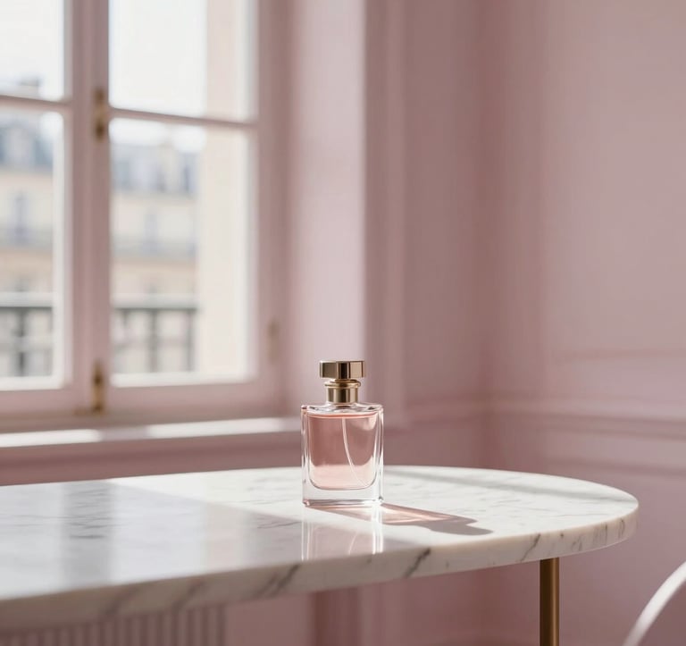 Minimalist interior of a Parisian boudoir with a marble table holding a perfume bottle. Soft natural light streams through a tall window, casting gentle shadows. Colors are dominated by soft pinkish white and dusty rose, creating an atmosphere of calm luxury.