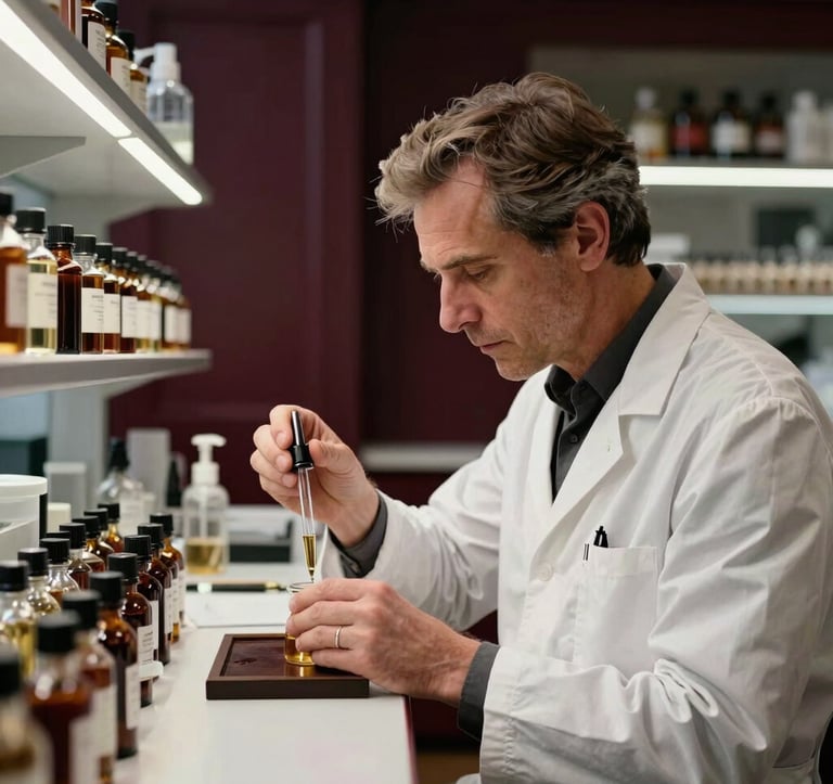 A refined portrait of a master perfumer working in a modern, chic laboratory with rows of glass vials, dark burgundy wood accents, focused lighting, European / French elegance.