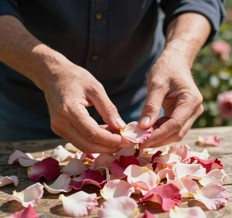 Hands of a master perfumer carefully selecting rose petals in a sun-drenched French garden. The composition is artistic and airy, focusing on the delicate textures and the contrast between the flowers and the rich dark tones of the clothing.