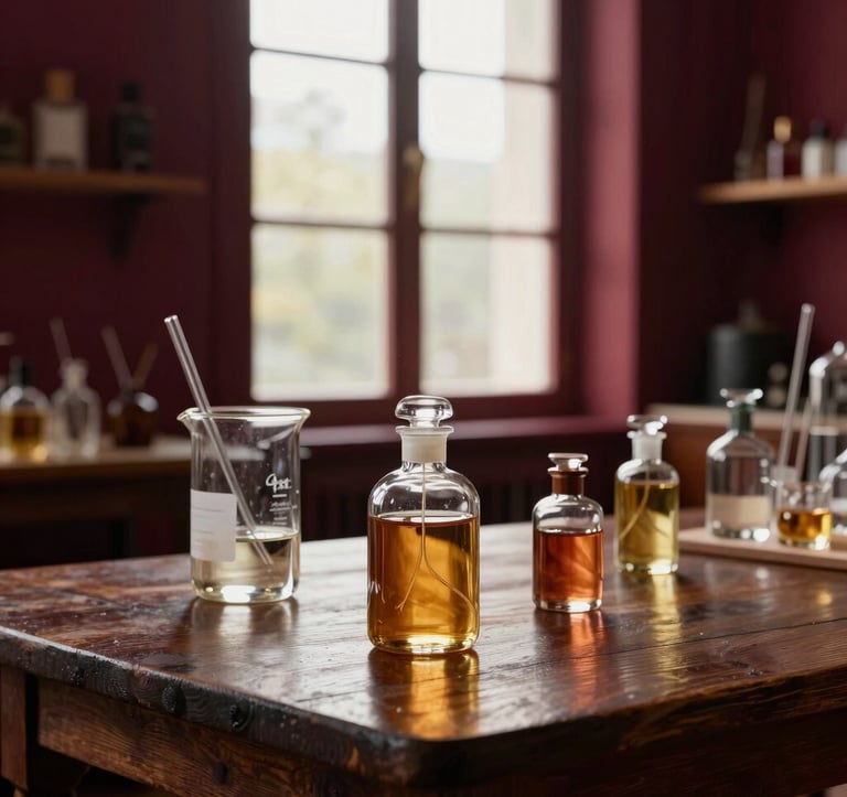 Luxury photography of perfume extraction. Glass beakers and crystal bottles containing amber-colored oils sit on a dark wooden table. Soft morning light enters through a tall window in a European atelier. Deep burgundy and muted red accents throughout the scene.